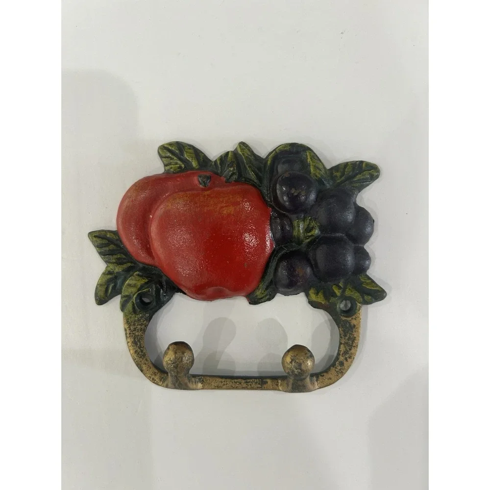 VTG Cast Iron 2-Hook Hanging Key Holder Hand Painted Apples Grapes Fruit Kitchen